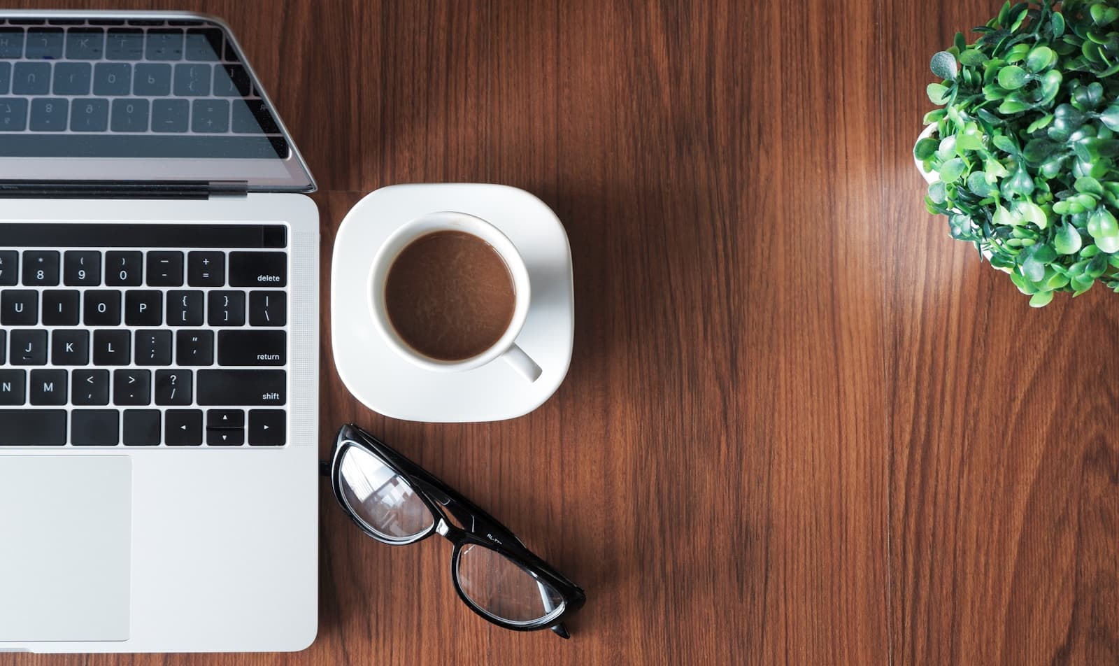 Studio workspace with a laptop, coffee, glasses, and a plant on a wooden desk