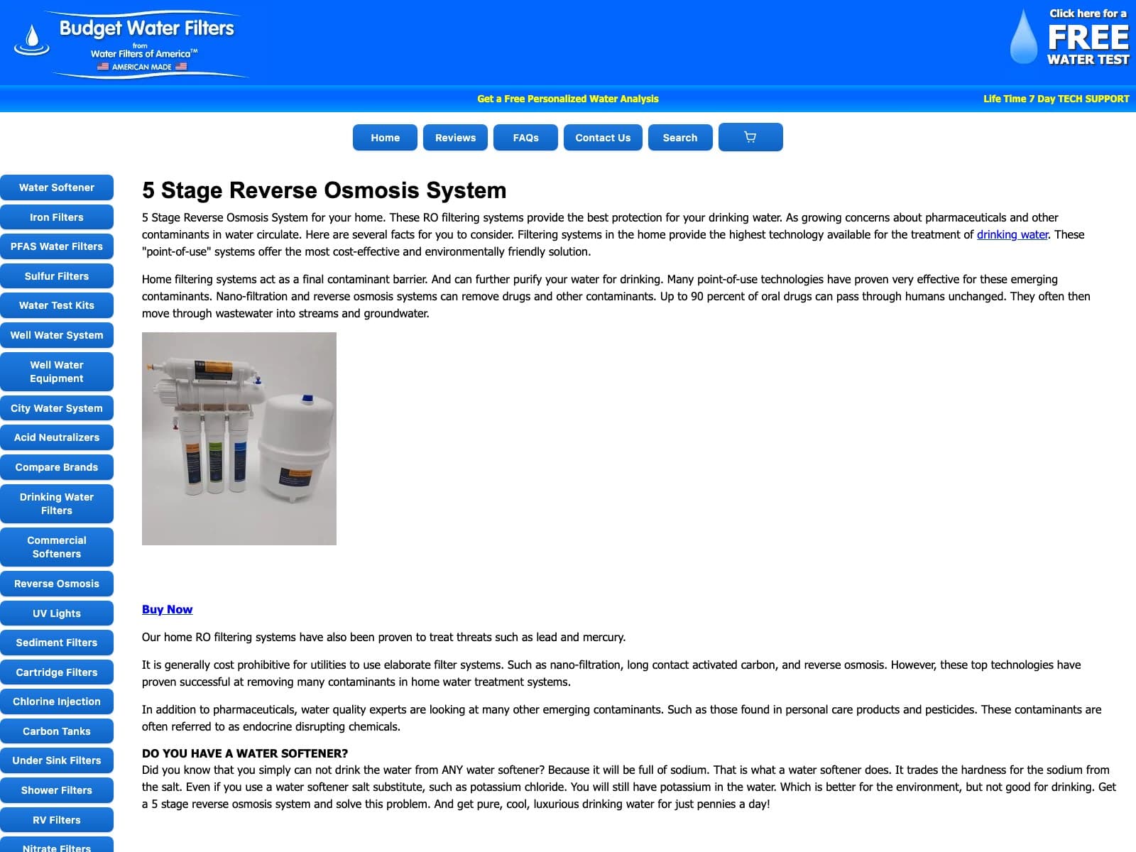 Live product page — 5 Stage Reverse Osmosis System, migrated from PrestaShop with full spec content intact