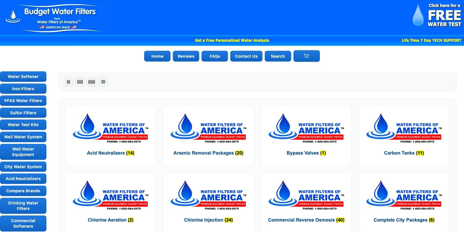 Water Filters of America — live WooCommerce shop grid across 30+ product categories, built on the custom theme