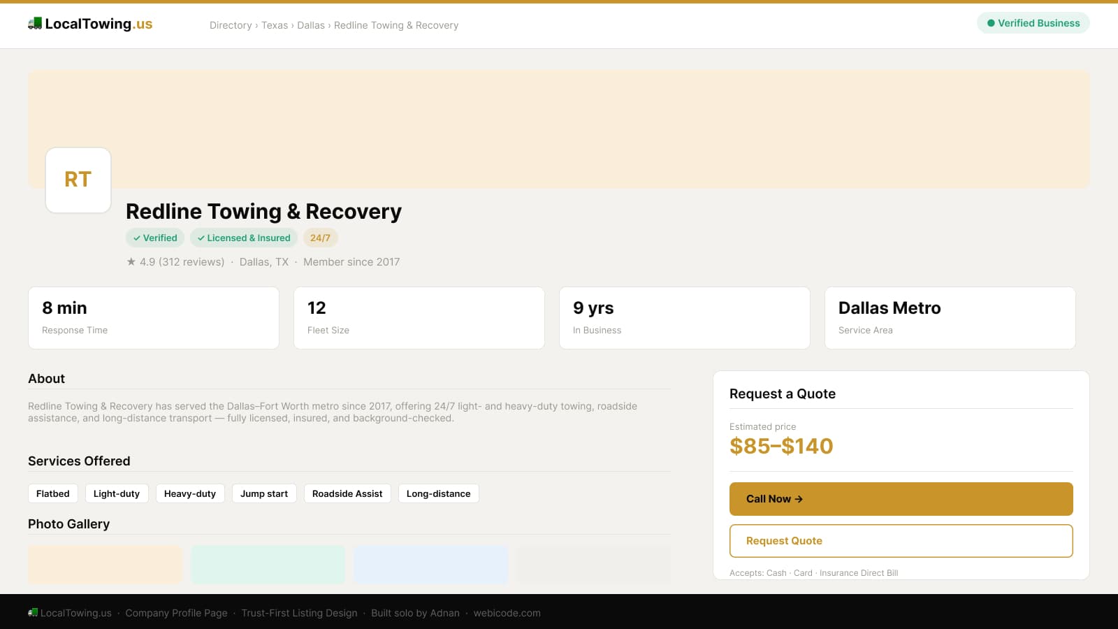 Company profile page — Redline Towing & Recovery with verified badges, ratings, and quote CTA