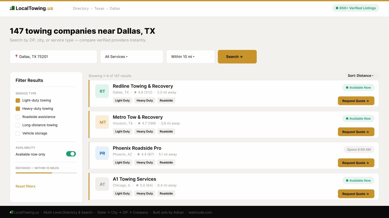 Directory search page — towing companies near Dallas TX with filters and verified listings