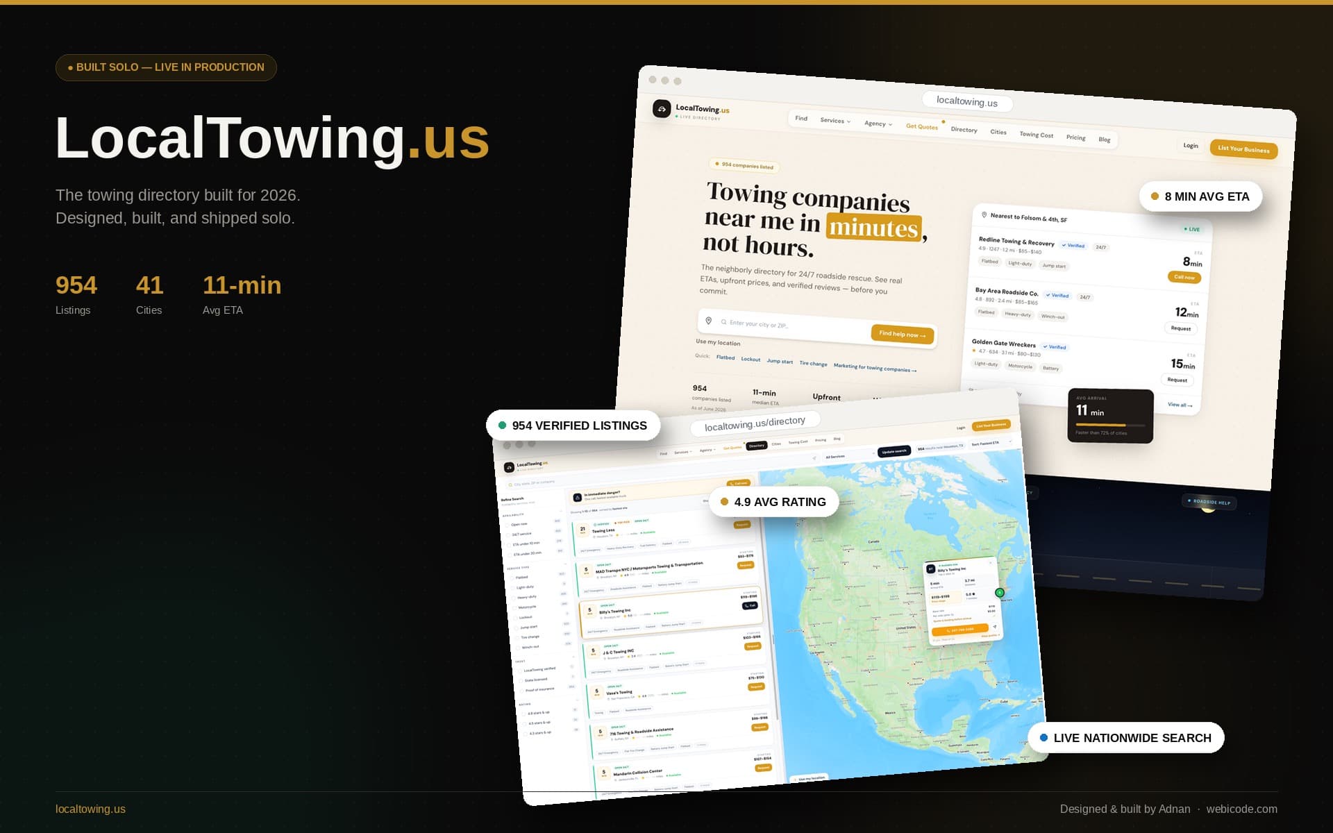 LocalTowing.us — live homepage and directory map search, built for 2026