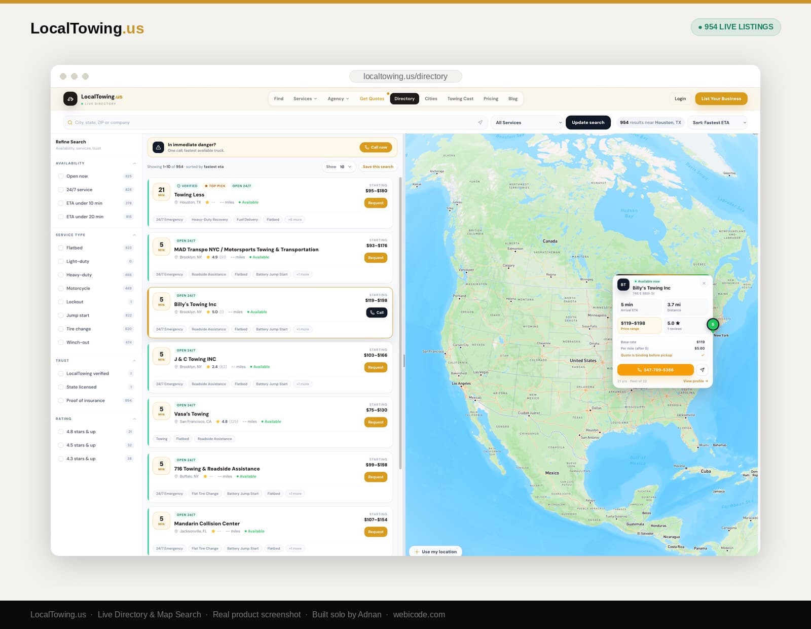 Live directory & map search — 954 listings with real-time filters, ETA sort, and map view