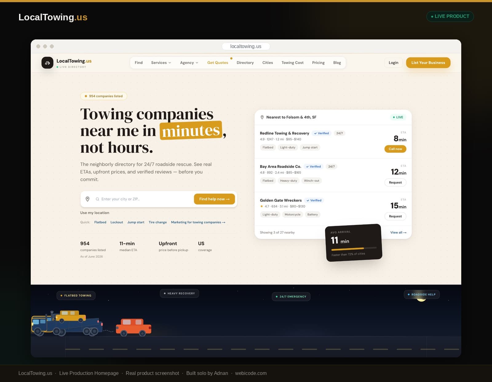 Live production homepage — towing companies near me with real ETAs and verified listings