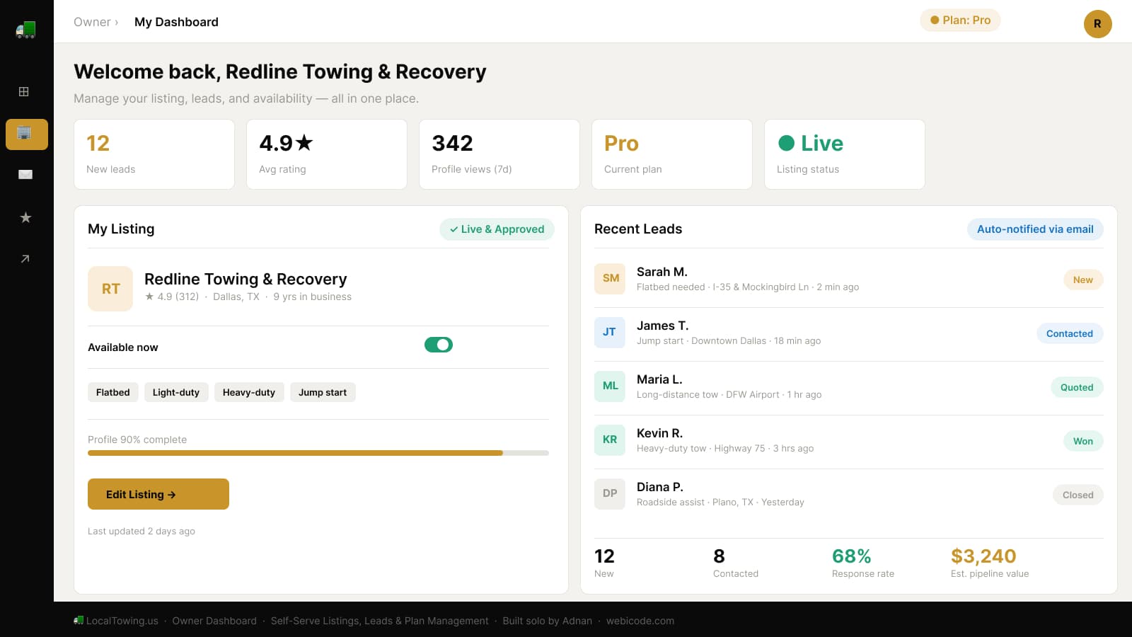 Owner dashboard — self-serve listing, lead inbox, availability toggle, and plan management