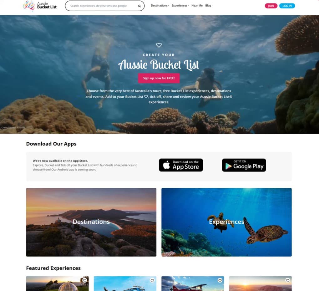 Aussie Bucket List homepage: underwater hero photo with a sign-up button, app download banner and large Destinations and Experiences tiles