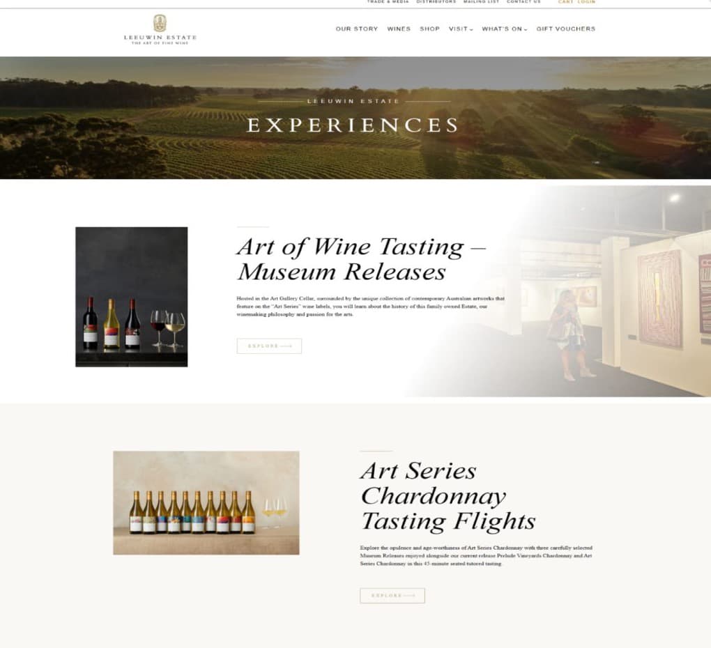 Leeuwin Estate website with a panoramic vineyard banner and serif headings