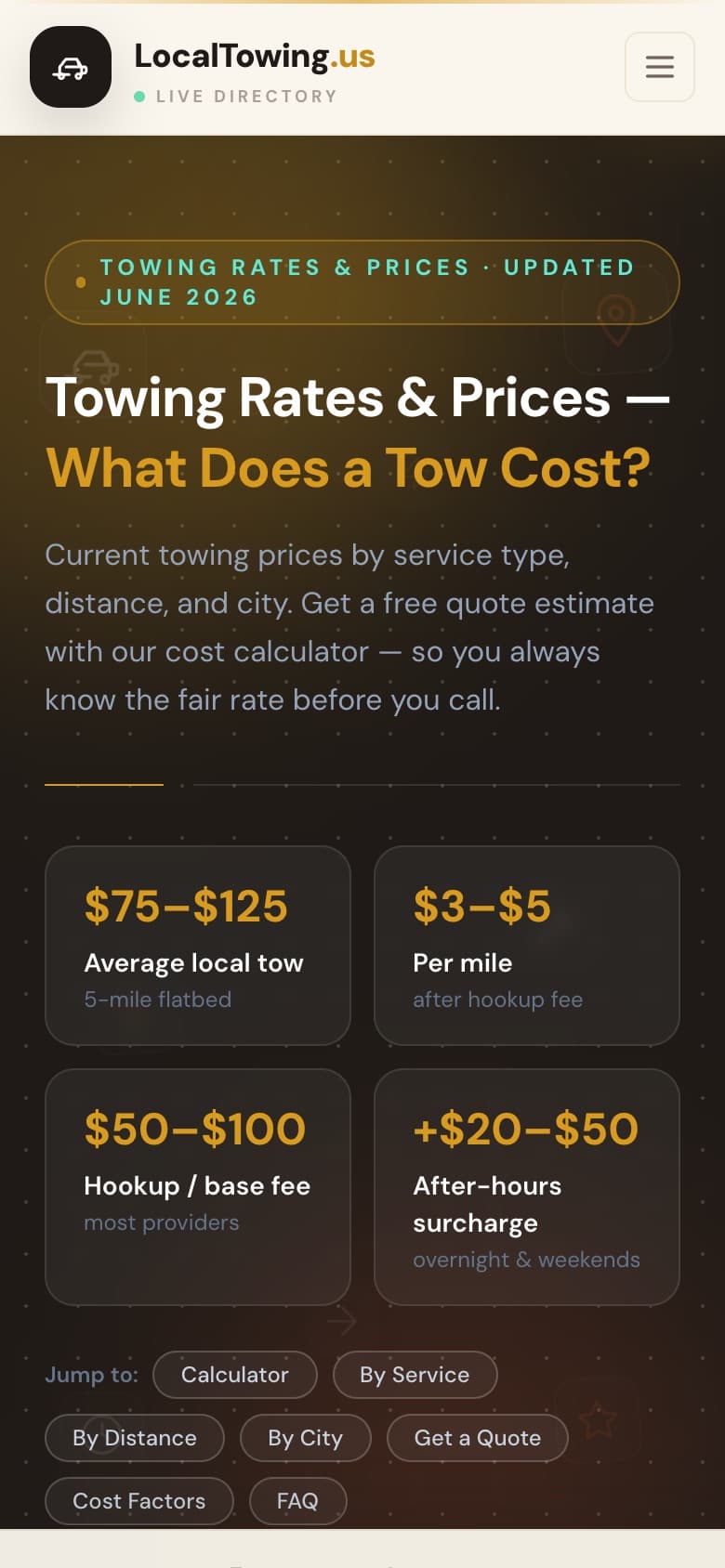 LocalTowing.us towing cost guide on a phone: dark header, headline and four price-range tiles stacked for small screens