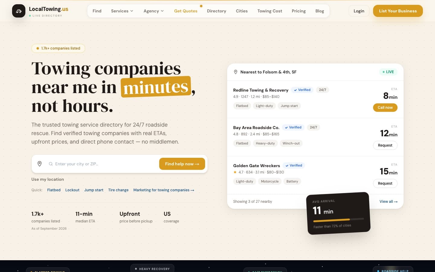LocalTowing.us homepage on desktop: serif headline about finding towing companies in minutes, a city search field and a live list of nearby companies with arrival times