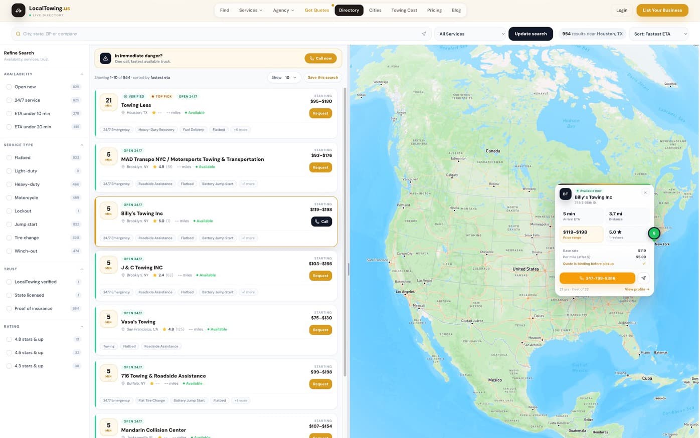 LocalTowing.us directory page on desktop: search filters on the left, towing company listings in the centre and a map of results on the right
