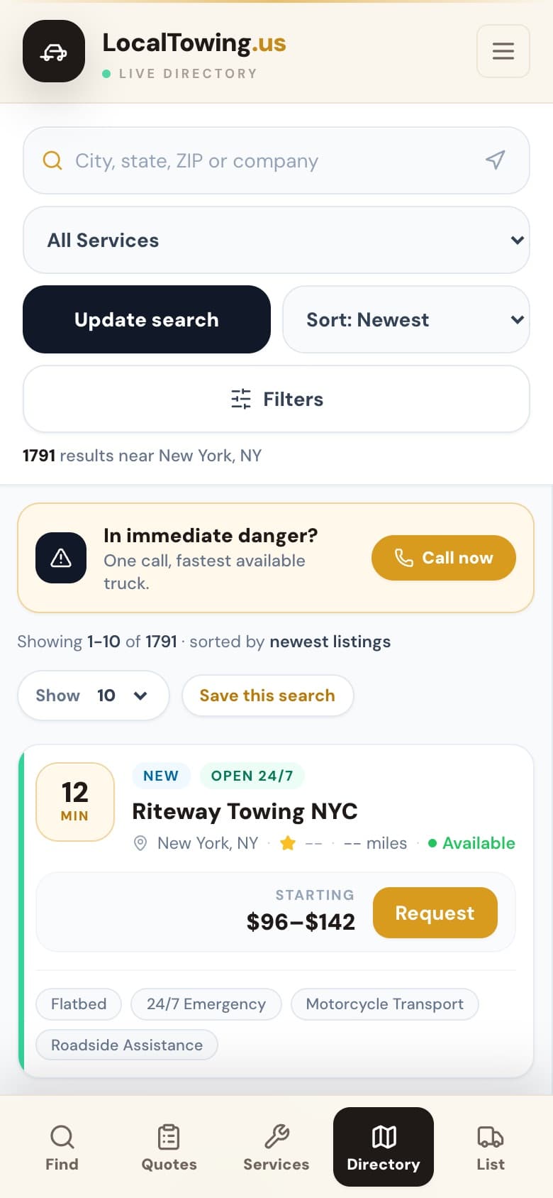 LocalTowing.us directory on a phone: stacked search controls, an emergency call banner and a listing card with arrival time and price